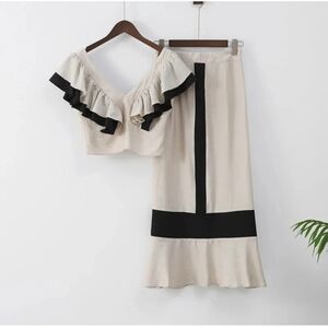 Black & Ivory Ruffled Crop Top and Long Skirt A-line 2 Piece Set Size M Cotton